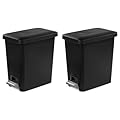 Sterilite 2.7 Gallon Rectangular StepOn Wastebasket with Lid, Small Plastic Trash Can for the Bathroom, Bedroom or Home Office, Pedal and Liner, Black, 2-Pack