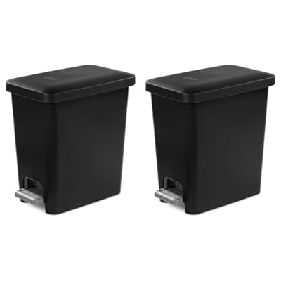 Sterilite 2.7 Gallon Rectangular StepOn Wastebasket with Lid, Small Plastic Trash Can for the Bathroom, Bedroom or Home Office, Pedal and Liner, Black, 2-Pack