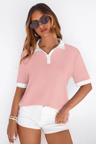 PRETTYGARDEN Summer Short Sleeve Polo Shirts for Women Collared V Neck Work Dressy Tops Knit Loose Business Casual Outfits(Pink,XX-Large) — view 5
