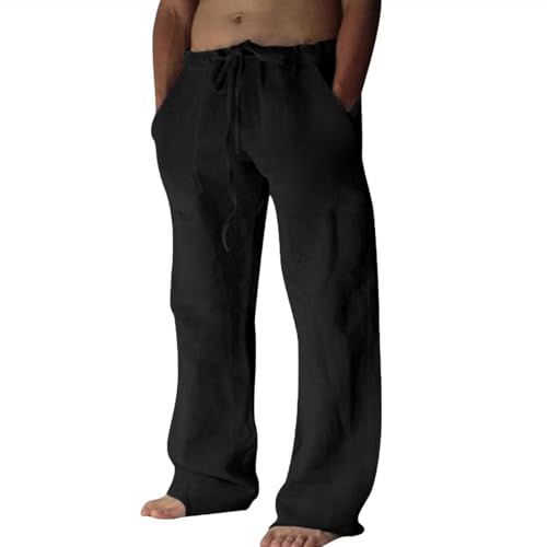 Puimentiua Leinenhose Herren,Lang Leichte Sommerhose,Sommer Leinen Hosen,Loose Fit Baumwollehosen mit Tunnelzug und Taschen (Schwarz,3XL)