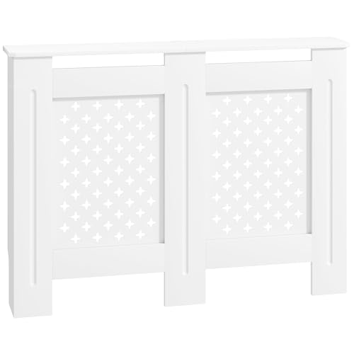 HOMCOM Cubreradiador, pantalla de radiador, rejilla en cruz, repisa superior, para salón, dormitorio, pasillo, madera, 112 x 19 x 81,5 cm, blanco