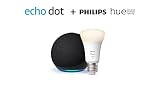 Echo Dot (5e génération) | Anthracite + Philips Hue White ampoule connectée (E27), Fonctionne avec Alexa - Kit de démarrage Maison connectée - 9