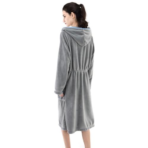 COSUSKET Women's Bathrobe, Zipper Sleepwear Nightgowns Fleece Long Sleeve Zip up Hooded Robes with Pockets House Coat2