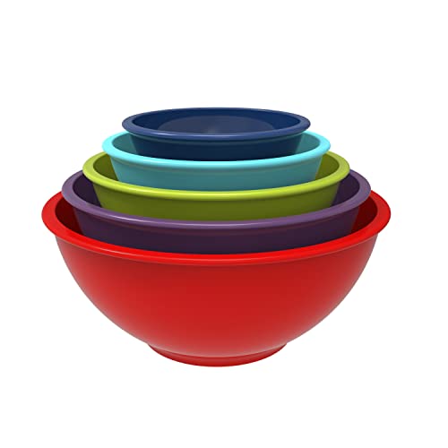 Image of Zak Designs Mixing Bowl Set, Nesting Bowls for Space Saving Storage, Made with Durable Melamine, Great for Prepping and Serving Food (Colorways Red to Blue, 5pcs, Non-BPA)