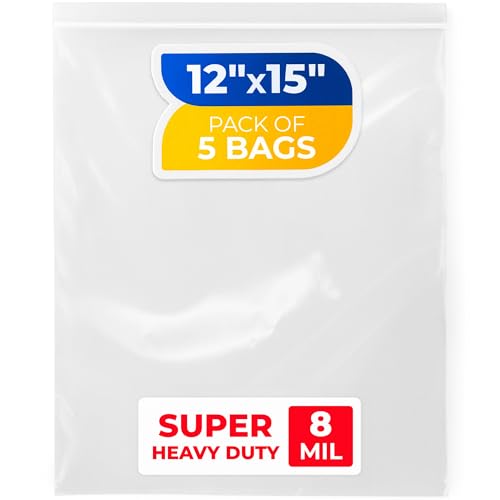 12 x 15 Heavy-Duty Zip Plastic Bags Pack of 5 8 Mil Extra Thick Clear Reclosable Poly Bags Waterproof Resealable for Clothes Hardware Tools Food
