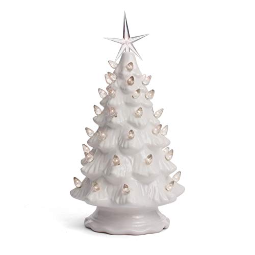Milltown Merchants Ceramic Christmas Tree - Tabletop Tree with Lights - (11.5 inch Medium White Christmas Tree/White Lights) - Lighted Vintage Ceramic Tree