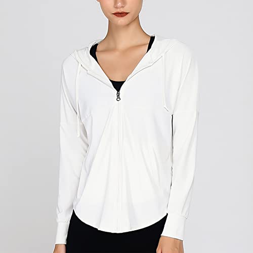 Xaspee Women's Loose Running Shirts Quick Dry Full Zip Up Athletic Jackets Lightweight Workout Hoodie Pockets Sportswear (S, White) #TOP1