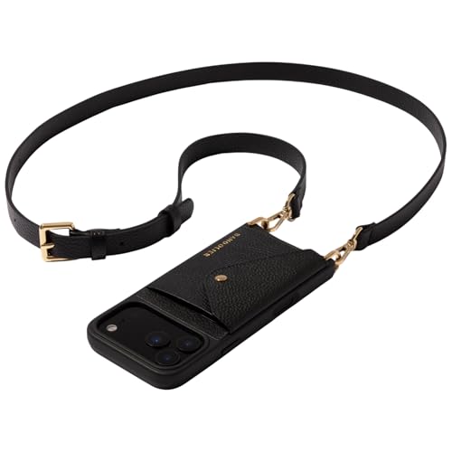 Bandolier Hailey Crossbody Wallet Phone Case for iPhone 17 Pro. 100% Genuine Pebble Leather with Gold Hardware. Adjustable & Removable Strap. Expandable Flip Card Holder. Black with Gold Hardware