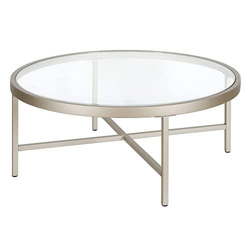 Henn&Hart 36" Wide Round Coffee Table With Glass Top In Satin Nickel, Modern Coffee Tables For Living Room, Studio Apartment Essentials #TOP2