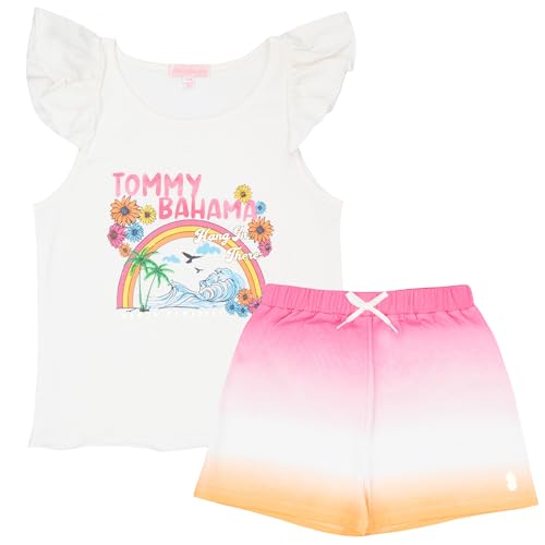 Tommy Bahama Girls 2-Piece Set - Ruffle Sleeve Graphic Print Tank Top & Elastic Waist Shorts - Casual Summer Outfit for Kids (White, Size 10/12)