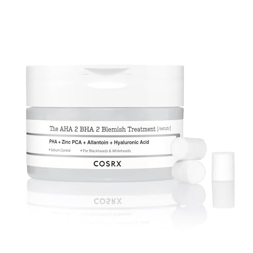 COSRX AHA 2% BHA 2% Blemish Treatment Serum, 60 bolas de algodón puras, tratamiento spot rápido y fácil diario, para puntos negros y blancos, control de sebo, Korean Skincare