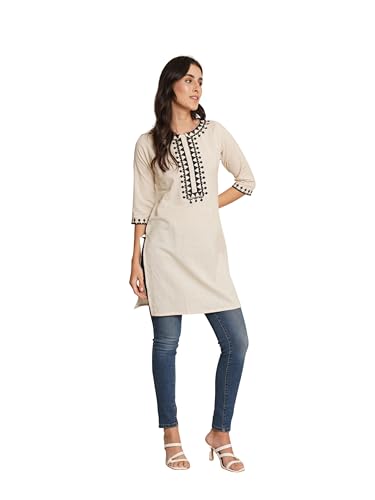 Image of Brownverse Pure Cotton Embroidered Women Short Kurti