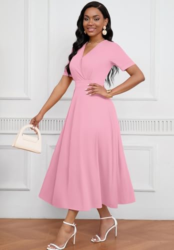 Image of MarryUP Women's Midi Dresses - V Neck Cocktail & Church Tea Dresses - Short Sleeve A-Line Swing Dress