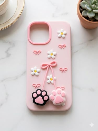 Image of for iPhone 15 Soft Silicone Phone case Features 3D Cartoon Flower and cat paw Claw Designe | Full Camara Protection | Super Soft-Touch |Shock Proof Back Cover for iPhone 15 (Pink)
