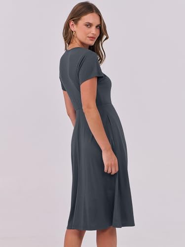 Image of ANRABESS Women Summer Dress Casual Short Sleeve V Neck A-Line Knee Length Pleated Flowy 2026 Fashion Midi Dresses with Pocket