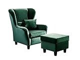 lifestyle4living Sillón orejero con taburete tapizado en terciopelo verde esmeralda. El sillón acolchado perfecto para largas noches de televisión y de lectura.