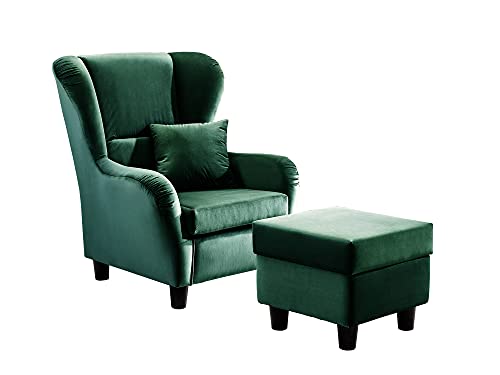 lifestyle4living Sillón orejero con taburete tapizado en terciopelo verde esmeralda. El sillón acolchado perfecto para largas noches de televisión y de lectura.