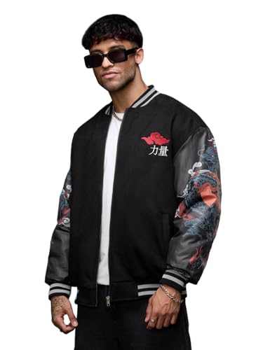 Image of The Souled Store Bomber Jacket: Dragon Men and Boys Full Sleeves Spread Collar Black Graphic Printed Polyester Oversized Fit Lightweight Winter Bomber Jacket