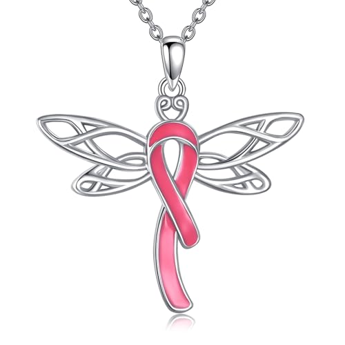 DAYLINLOVE Breast Cancer Necklace 925 Sterling Silver Dragonfly Pendant Necklace Pink Ribbons Breast Cancer Survivor Awareness Jewellery Gifts for Women Girls Mom Sister Grandma