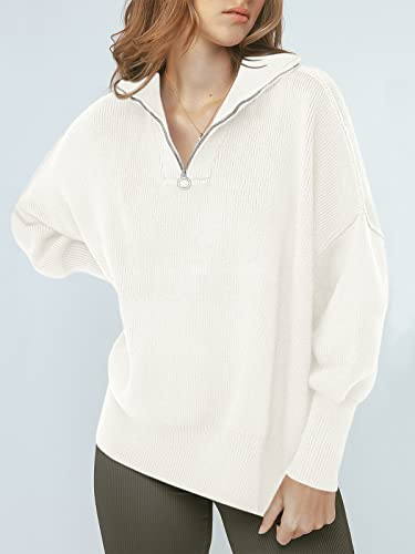 Image of ANRABESS Womens Oversized Quarter Zip Pullover Sweaters | Fall Fashion Outfits, Long Sleeve Slit Side, Baggy Loose Fit, 1 /4 Zip Lapel Collared, Ribbed Knit Soft Warm Winter Clothing