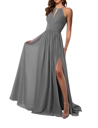 WSEYU Brautjungfernkleid mit Neckholder, Chiffon, langer Schlitz, Ausschnitt, A-Linie, ärmellos, gerüscht, Spitze, formelles Abendkleid, grau, 40