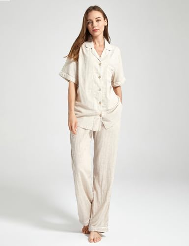 Image of Womens Muslin Pajama Set 100% Cotton Double Gauze Linen Like Breathable Soft Button Up Loungewear Sleepwear PJ Set