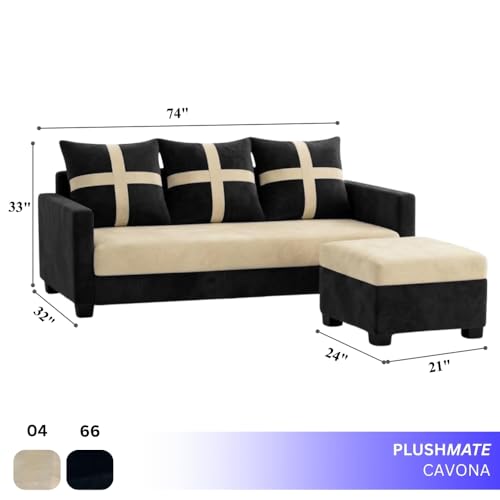 Image of Caviriq 4 Seater L Shape Sofa Set with Movable Ottoman | Flexible Left or Right Layout | Luxury Velvet Suede Fabric | Modern Living Room Sofa | Black-Cream