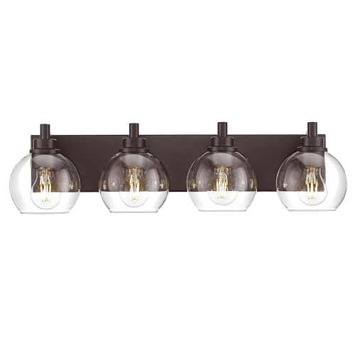 Image of 4-Light Bathroom Vanity Light, Oil Rubbed Bronze, Clear Globe Glass | 26 inch ORB vanity light for 32-42 inches mirrors, clear globe glass shades, E26 base, hardwired, up /down mount, VL195-ORB-4