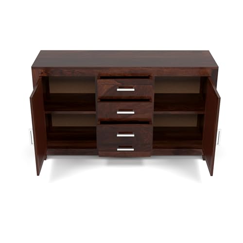 Image of Solid Sheesham Wood Sideboard Cabinet with 4 Drawers & 2 Doors | Rosewood Storage Cabinet for Living Room, Dining Room & Office (Walnut Finish)
