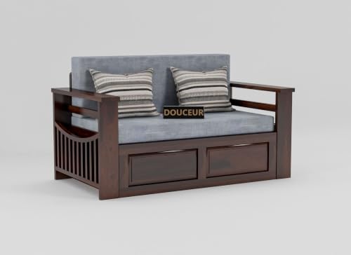 Image of Douceur Furnitures Solid Sheesham Wooden 2 Seater Sofa Cum Bed with Mattress & Cushions,Wood Foldable Convertible Sofa Diwan Cum Bed for Living Room and Bedroom, Walnut Finish