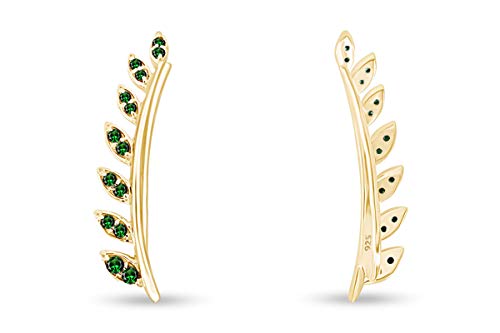 Simulated Green Emerald Ear Crawler Cuff Earrings 14K Yellow Gold Over Sterling Silver Climber Studs Olive Leaf #TOP2