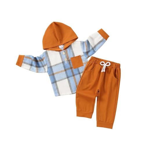 JOIMOCY 4T Boys Clothes Toddler Little Boy Fall Winter Outfits Long Sleeve Button Down Hooded Sweatshirt Tops Clothing Sets, Blue Plaid Outfits 4-5T