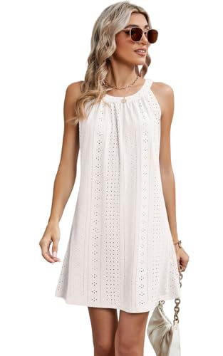 AMOMA Damen Ösen Eyelet Neckholder Kleid Ärmellos Hohl Out A-Linie Freizeit Mini Kurzes Kleid(L,White)
