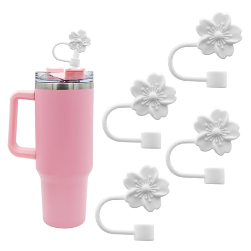 Meitesti Silikon-Trinkhalm-Abdeckkappe mit Blumenmotiv für Stanley-Becher, 10 mm, staubdicht, wiederverwendbar, Strohhalm-Spitzen, Geschenk für Party-Dekoration, weiße Kirschblüten, 4 Stück