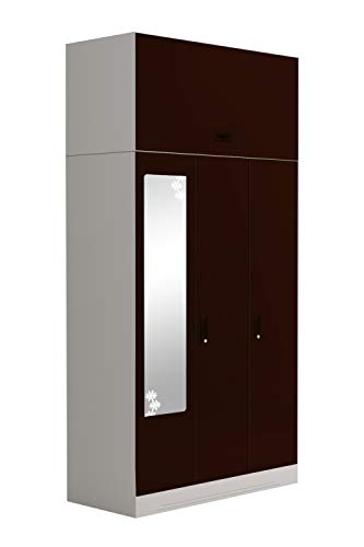 Image of Interio by Godrej Almirah Slimline 3-Door Steel Almirah, Cupboard for Clothes (Royal Ivory and Russet), 1-Year Warranty, 7 Shelves, with Over Head Unit, 1 Locker, Star Design Mirror