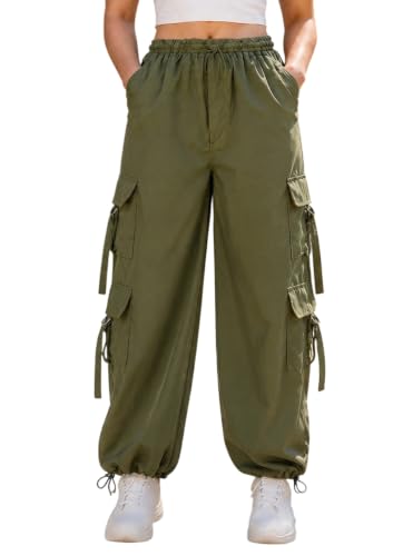 Image of SQew Women's High Waist Baggy Cargo Pants | Loose Fit Parachute Utility Trousers with Multiple Pockets | Casual Streetwear Pants