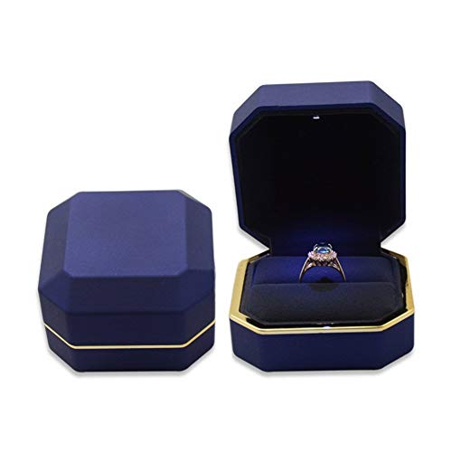 Image of Luxury Ring Box, Square Velvet Wedding Ring Case Jewelry Gift Box with LED Light for Proposal Engagement Wedding, Blue