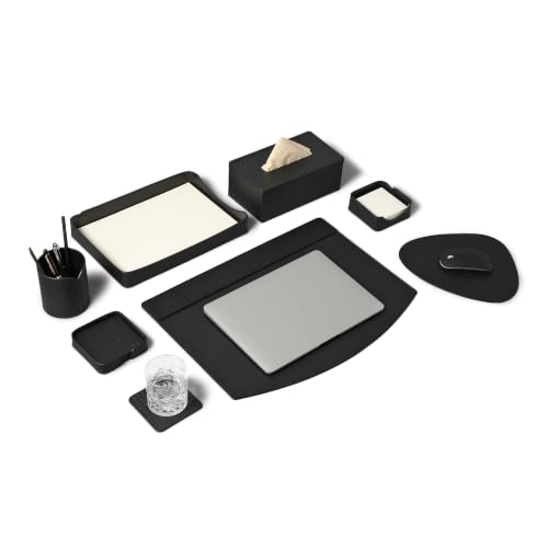 Image of Luxury Leather Desk Top Organiser Set of 7 | Multipurpose Executive Table Organizer for Office | Desk Mat | Pen Holder | Tissue Holder | Mouse Pad | Coaster Set | Memo Pad | Paper Tray - Croco Black