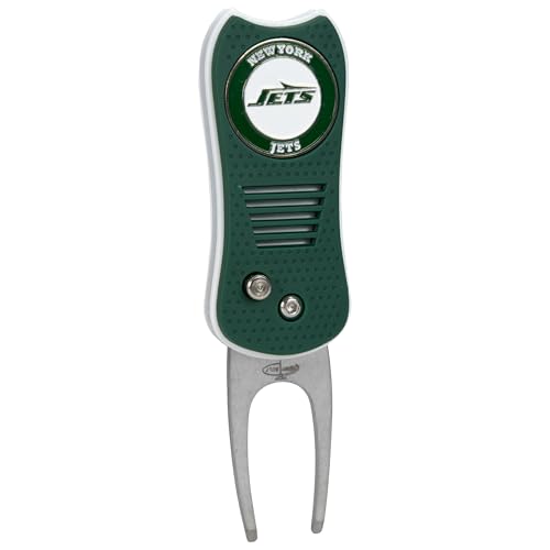 Team Golf NFL New York Jets Retractable Divot Tool with Double-Sided Magnetic Ball Marker, Features Patented Single Prong Design, Causes Less Damage to Greens