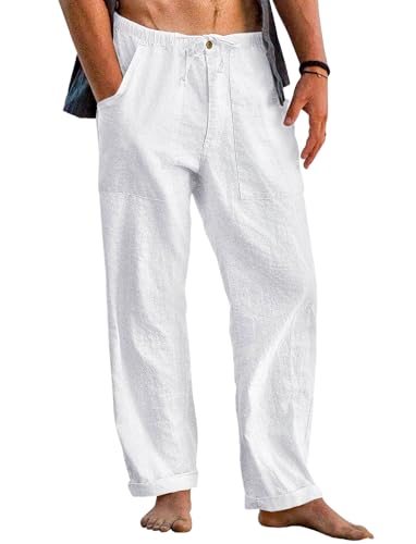 Cegerne Pantaloni di Lino da Uomo Pantaloni Estivi Lunghi Leggeri Medievale vestibilità Ampia Casual Pantaloni Casual Spiaggia, Z-Bianco, XL