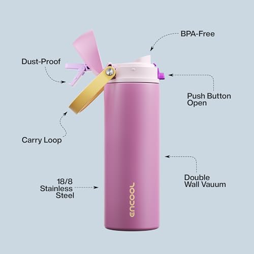 Image of Insulated Water Bottle with Straw - Encool Stainless Steel Water Bottle with Push Button Lid, Leak-Proof & BPA-Free, Keeps Cold for 24 Hours for Sports, Travel, Gym (24 oz, Light Orchid-Fuchsia)