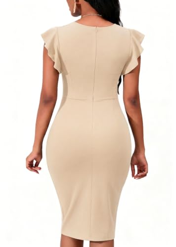 Image of PerZeal Women's 2026 Flutter Sleeve Bodycon Midi Dress Sexy Crew Neck Knit Ruffle Wear to Work Cocktail Party Pencil Dresses