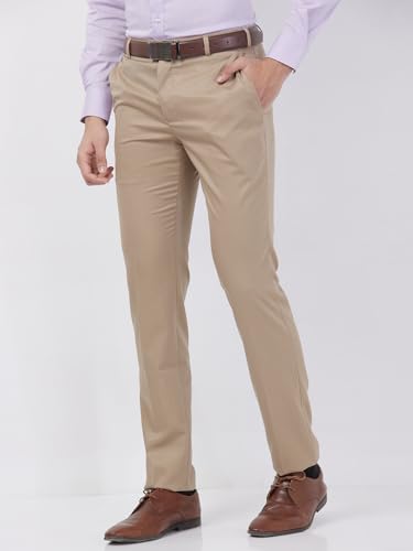Image of Raymond Men Slim Fit Solid Pattern Poly Viscose Blend Flat Front Formal Trouser