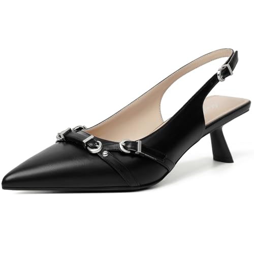 Image of Mostrin Kitten Heels for Women Pointed Toe Pumps Patent Leather Low Heel Slingback Heels with Buckle Dress Shoes for Dating Party Working