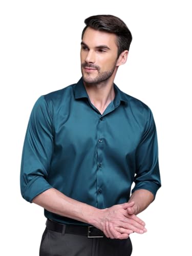 Image of IndoPrimo Men's Satin Shirt with Spread Collar Neck Line Solid Pattern Full Sleeves Regular Fit Western Style and Standard Length