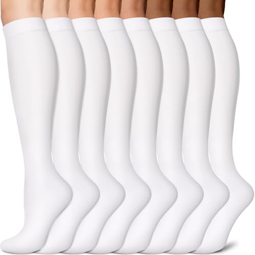Sooverki Copper Compression Socks for Men & Women Circulation 8 Pack 15-20mmHg - Knee High Stockings Best Support for Wide Calf White Long Length Nylon Polyester Bulk Soccer Basketball