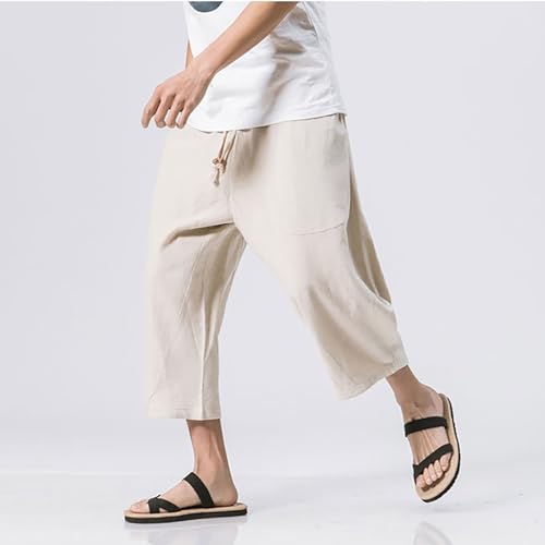 Men's Pants Summer Baggy Capri Pants Relaxed Fit Men Cotton Linen Cropped Trousers Elastic Waist Drawstring Clothing4