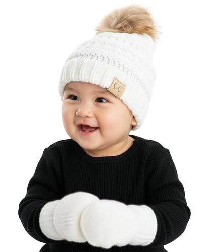 Image of Funky Junque Cozy Infant Pom Pom Beanie & Fleece Lined Mitten Winter Set