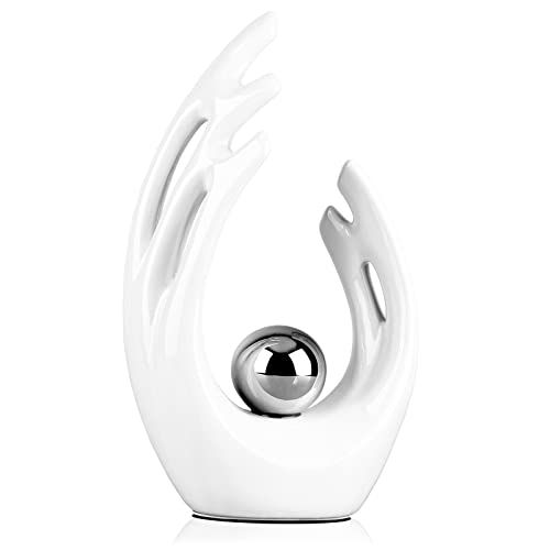 12"H White Silver Aesthetic Room Decor Accent, TV Stand Funky Table Centerpiece, Abstract Art Ceramic Statue and Sculpture, Silver Decor for Living Room, Bookshelf Decorative Objects, Shelf Decor