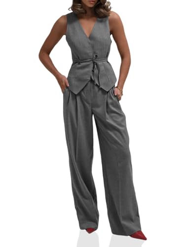 Cicy Bell Women's 2 Piece Outfits Sleeveless Tie Waist Suit Vest and Wide Leg Pants Business Casual Blazer Sets